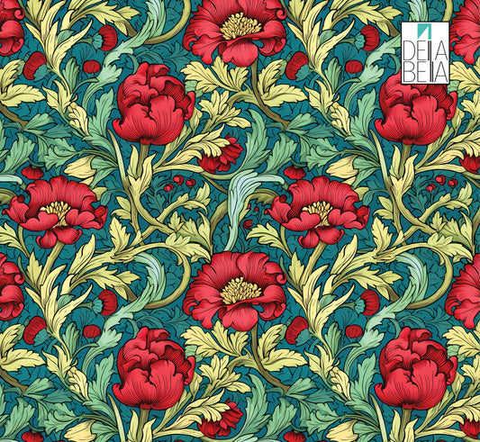 A vinyl wrap featuring a William Morris inspired vintage floral pattern with red flowers and green leaves on a blue background, designed for use on kitchen backsplashes or furniture.