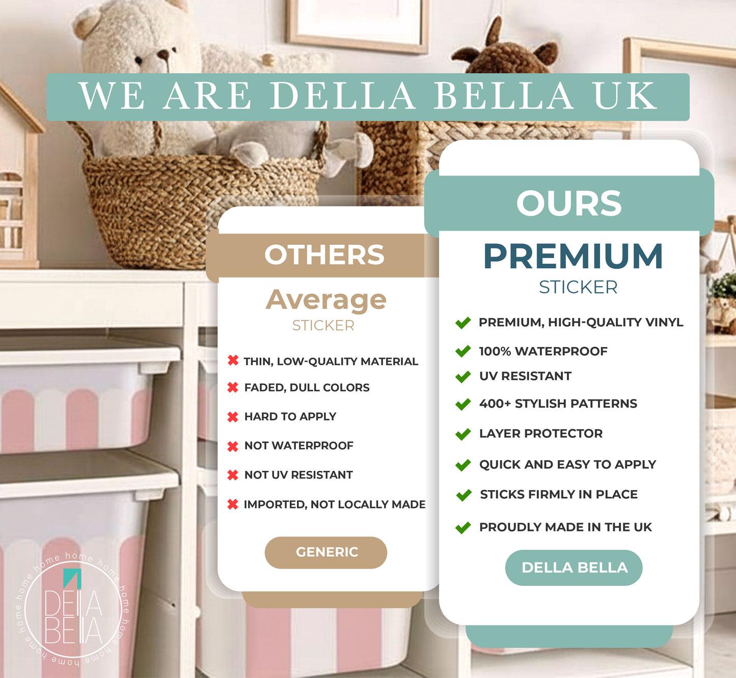 Comparison chart between 'Others' and 'Della Bella' stickers in a home setting with storage trofast boxes stickers .