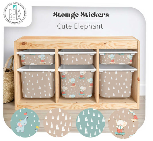 ikea trofast storage unit with patterned bins labeled 'Cute Elephant' by Delia Bella, with branding visible.