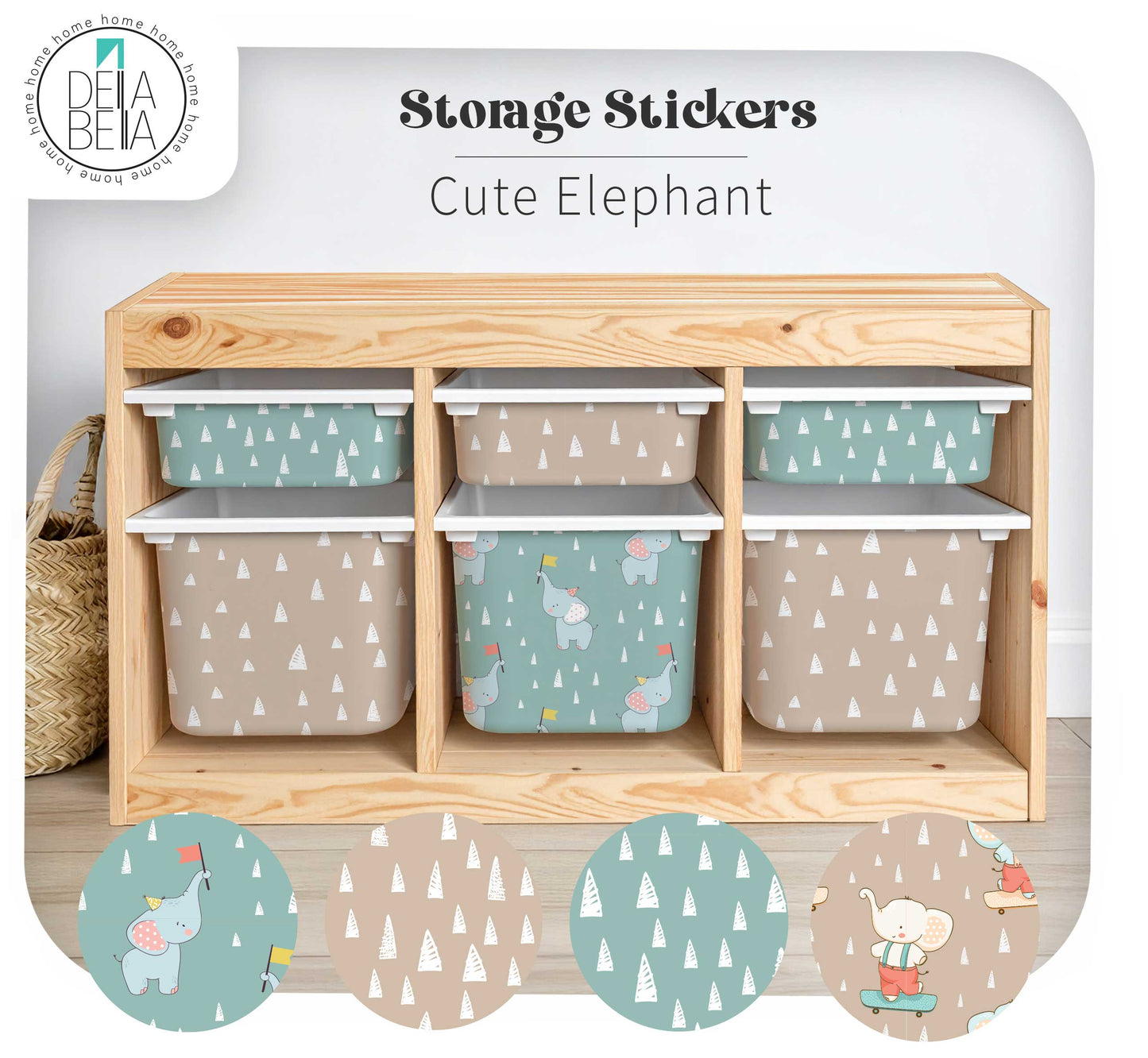 trofast storage unit with colorful bins labeled 'Cute Elephant' by Delia Bella, with storage stickers displayed.
