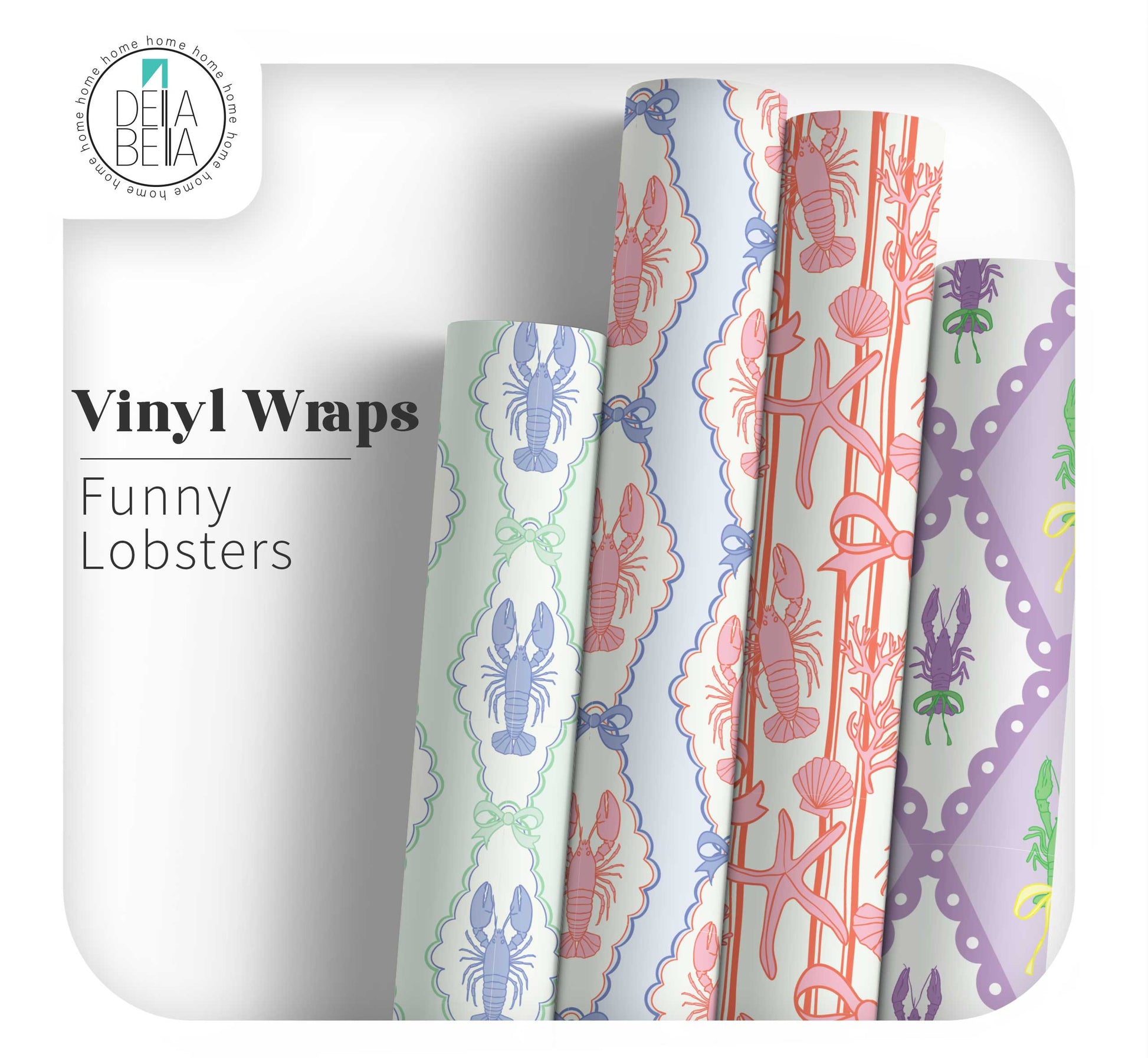 Rolls of vinyl wrapping with a vintage lobsters pattern, featuring multicolored designs on a white background.