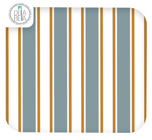 A square product shot of a fabric or wallpaper sample with a vertical stripe pattern. The design features alternating wide white stripes, medium slate blue-gray stripes, and thin mustard-gold stripes.