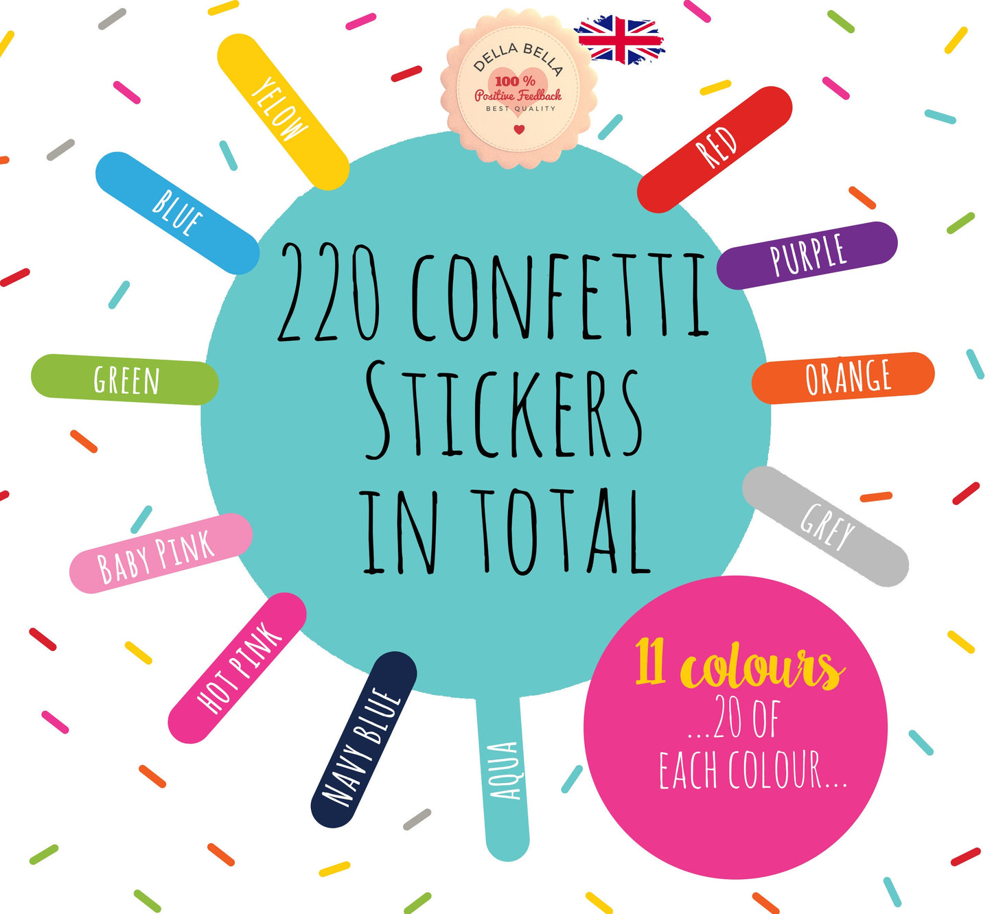 Confetti Wall Stickers 220x Sprinkles (11 colours/ 20 of each colour)
