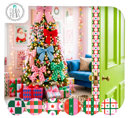 Bright neon green interior door with a hidden retro pink and red star checkerboard door edge sticker, opening into a maximalist living room decorated for Christmas.