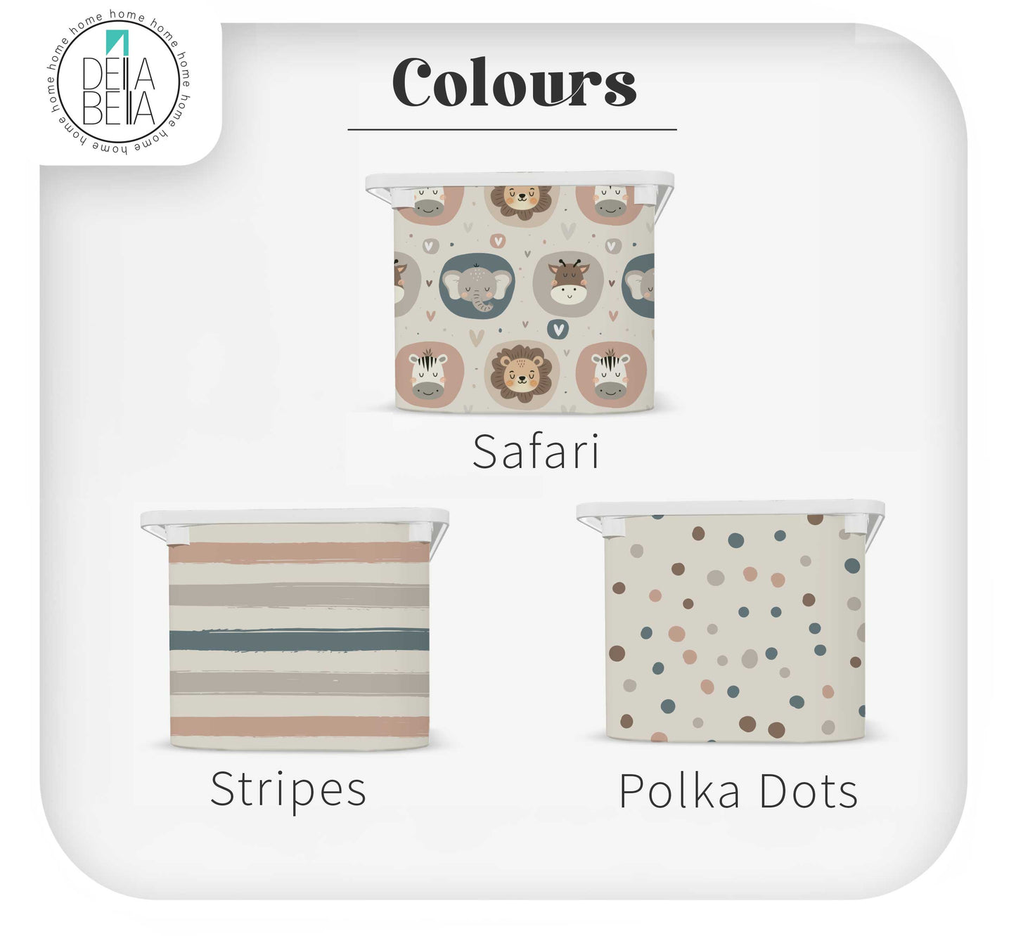 Packaging of fabric swatches labeled 'Colours' with 'Safari', 'Stripes', and 'Polka Dots' designs.