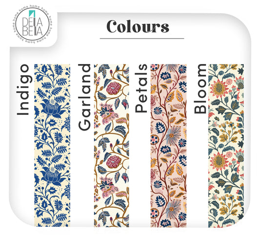 A color options door trims stickers chart titled 'Colours' showing four vertical floral pattern swatches labeled Indigo, Garland, Petals, and Bloom. The designs feature botanical motifs in blue, pink, green, and beige tones on a white background with a small BEA BEA logo in the top left.