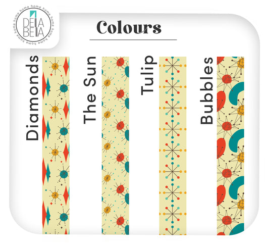 A color options chart titled 'Colours' showing four vertical patterned swatches labeled Diamonds, The Sun, Tulip, and Bubbles. The designs feature retro mid-century modern motifs in red, teal, yellow, and cream on a white background with a decorative brand logo in the top left corner.