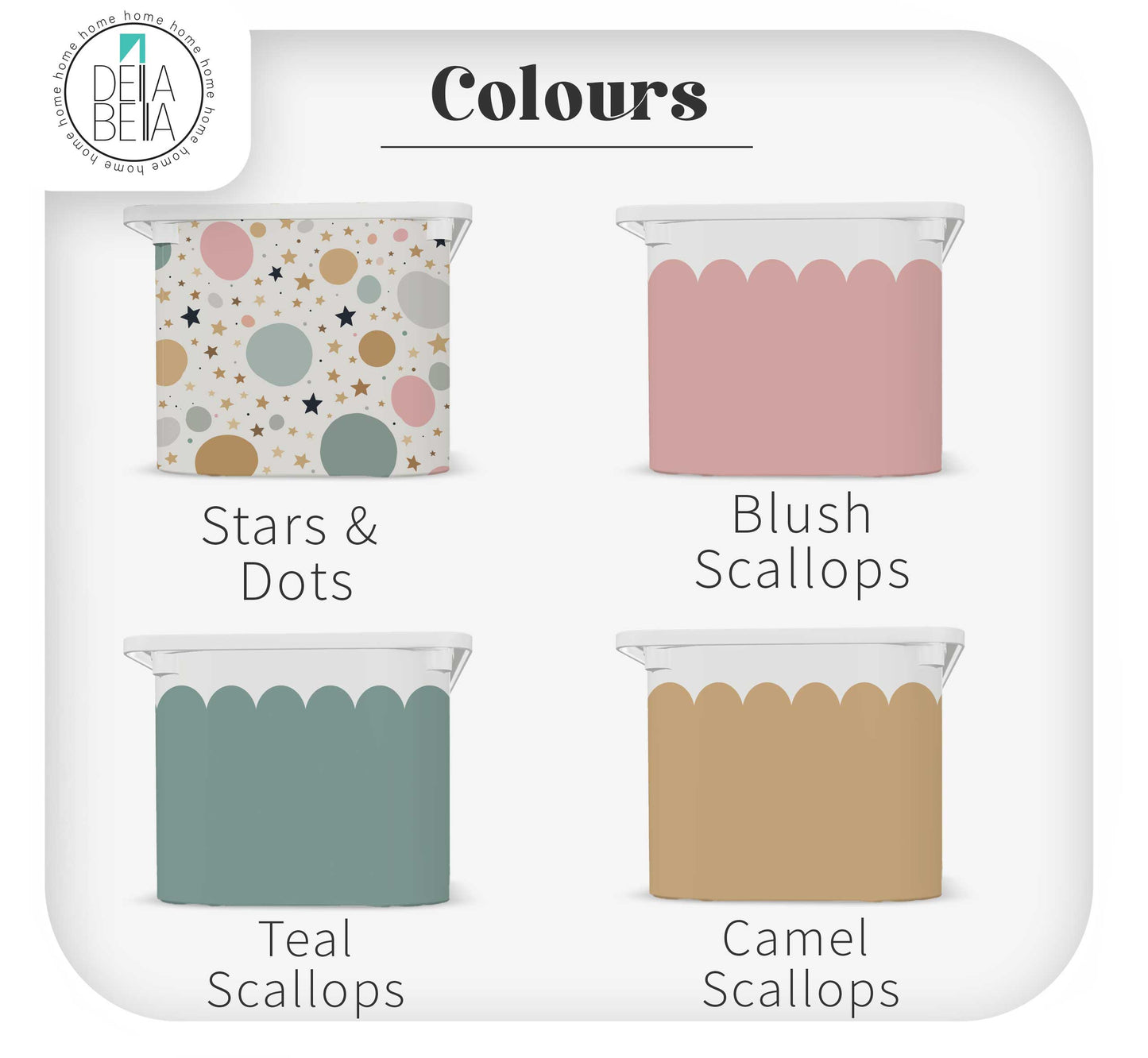Color swatches for 'Stars & Dots', 'Blush Scallops', 'Teal Scallops', and 'Camel Scallops' with Delia Bella branding.