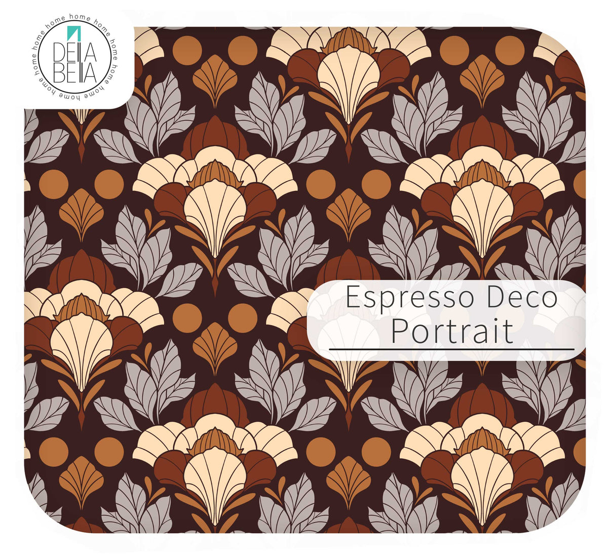 A vinyl wrap Art Deco style pattern labeled 'Espresso Deco Portrait' on a rounded square card, with a circular 'Debra Bella' logo in the top-left corner. The design features cream, tan, brown, and light gray motifs on a dark espresso brown background.