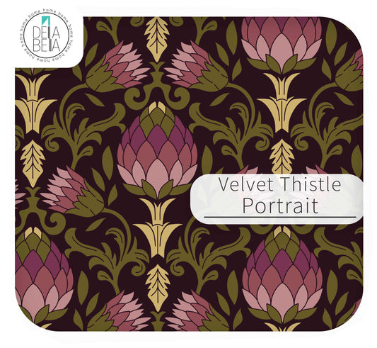 A square vinyl wrap sample with rounded corners, featuring a repeating symmetrical floral pattern labeled 'Velvet Thistle Portrait.' The design shows large thistle-like flowers in pink, mauve, and olive green on a very dark brown background.