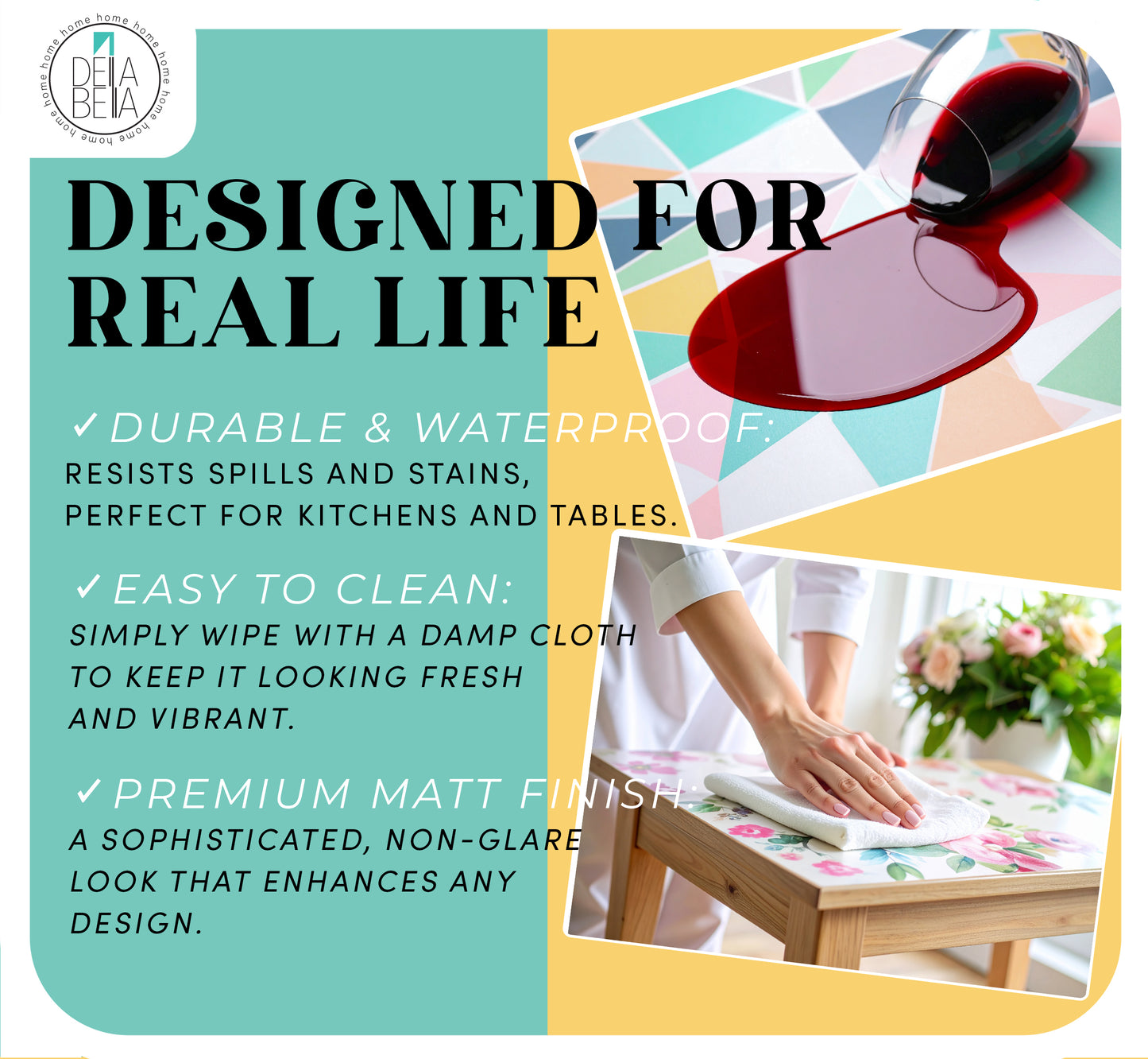 Promotional graphic for a durable, waterproof tablecloth with text and images of a table and hands cleaning.