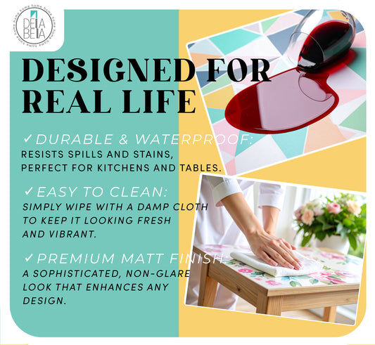 Promotional graphic for a durable, waterproof tablecloth with text and images of a table and hands cleaning.