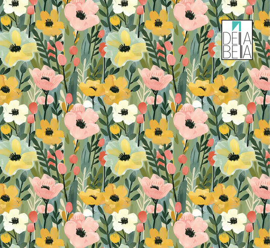 A sample of vinyl wrapping featuring a vintage watercolour floral pattern with a variety of colorful flowers and green foliage.