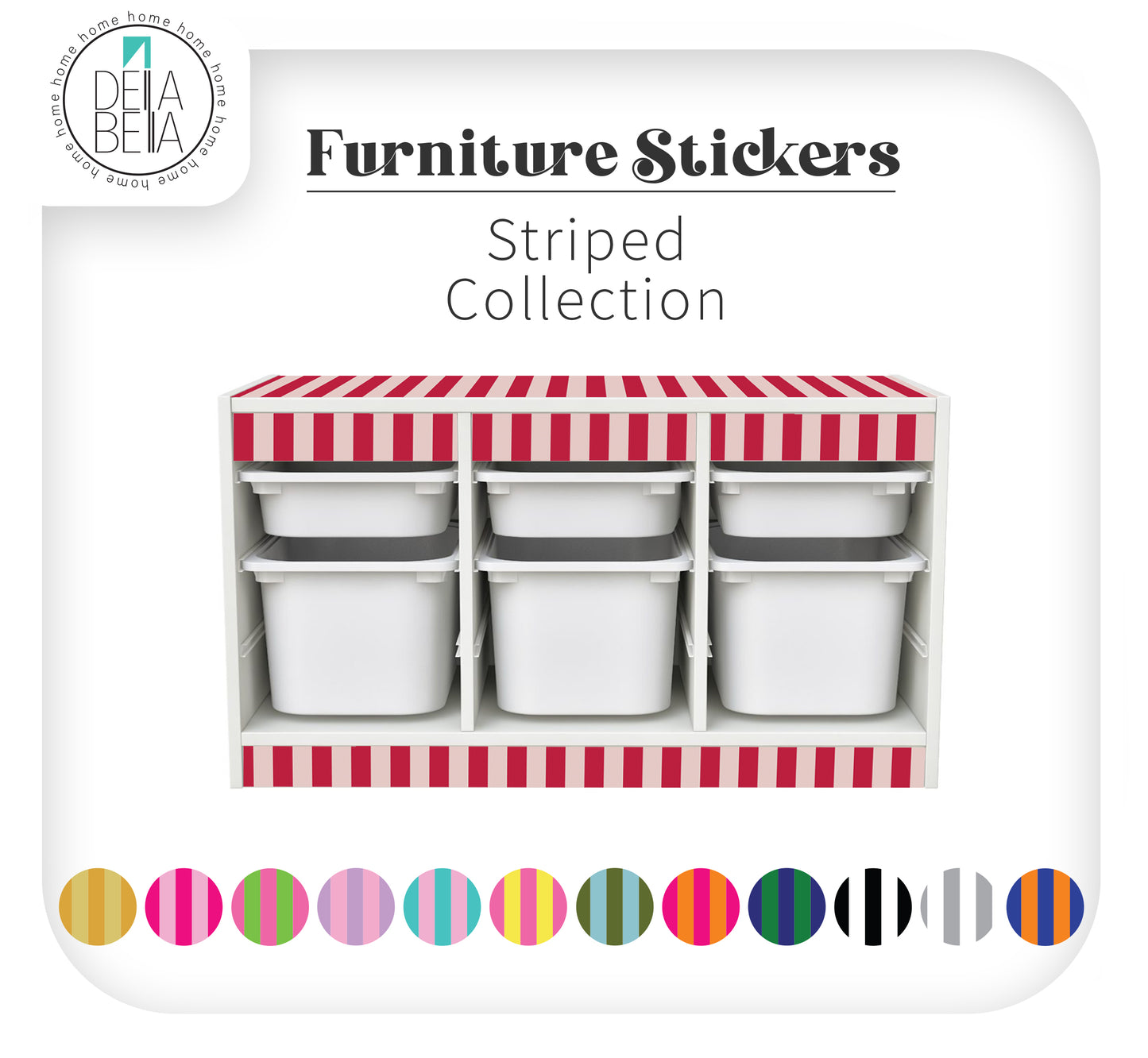 IKEA Trofast storage unit customised with classic red and cream striped vinyl stickers on the top and front panels, creating a timeless circus-themed IKEA hack.