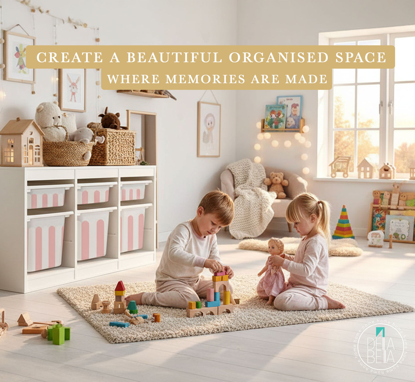 Children playing in a bright, organized playroom with toys and trofast ikea furniture.