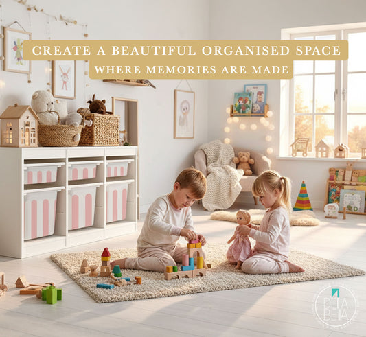 Children playing in a bright, organized playroom with toys and trofast ikea furniture.