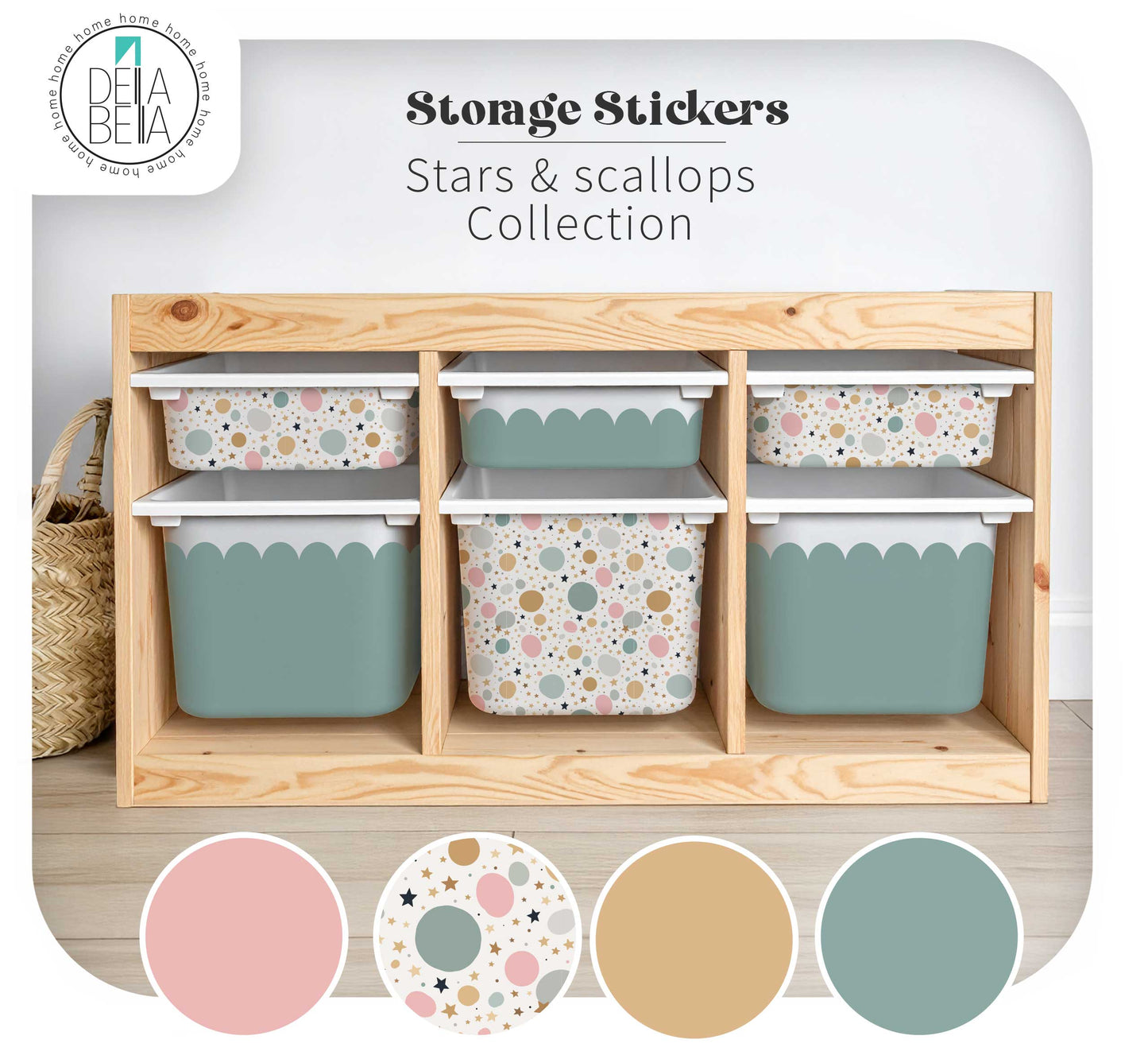 Close-up view of four IKEA Trofast compatible storage bins with sticker designs: 'Stars & Dots' pattern, 'Blush Scallops' pink, 'Teal Scallops' green, and 'Camel Scallops' tan. Shows detailed sticker designs and colours.