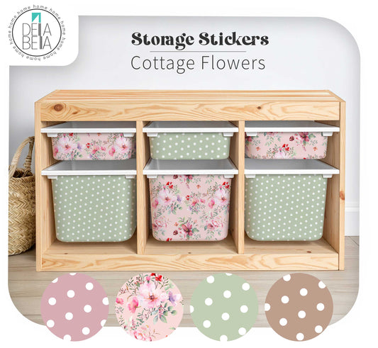 Wooden storage unit with floral and polka dot patterned bins, featuring Delia Bella branding.