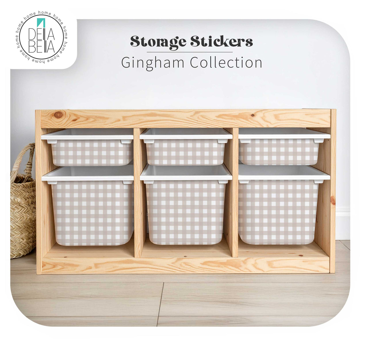 Wooden storage unit with gray and white checkered bins labeled 'Storage Stickers Gingham Collection' by Delta Bela.