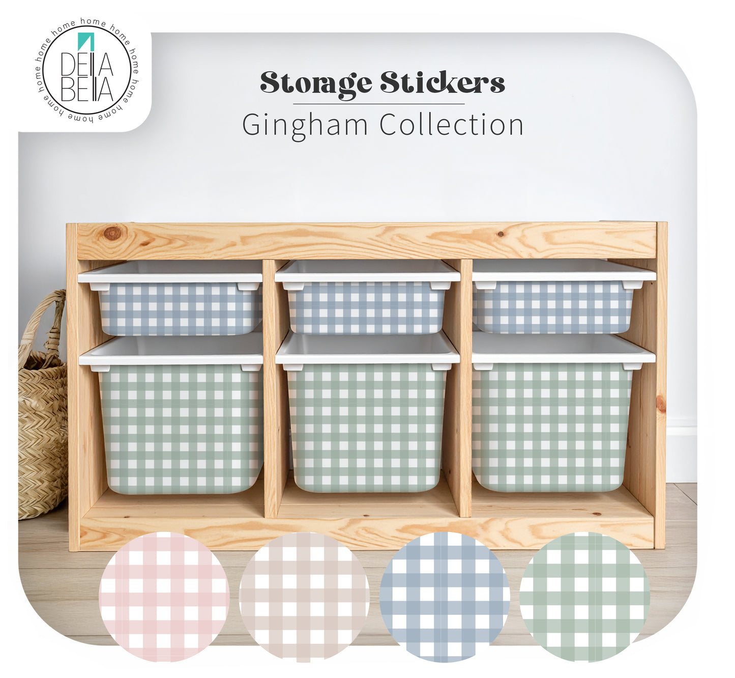 Storage bins with gingham pattern on a wooden shelf, featuring the Dela Bella brand.
