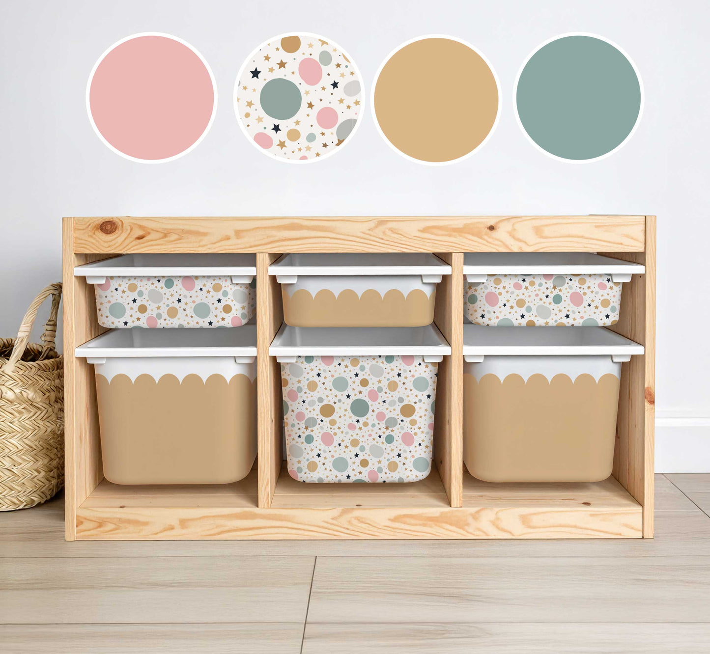 Wooden storage unit with patterned bins and color swatches on a light background