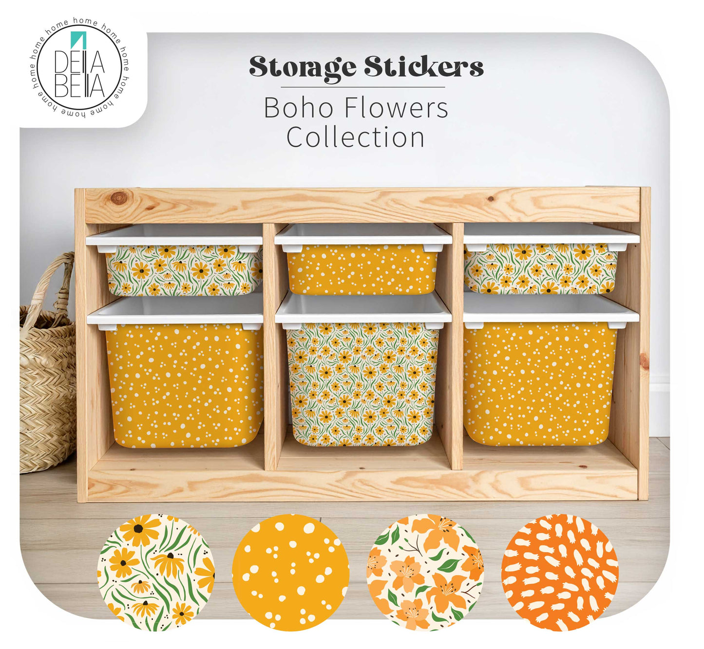Sikea trofast storage stickers with Boho Flowers design on a wooden shelf with Dela Bella branding.