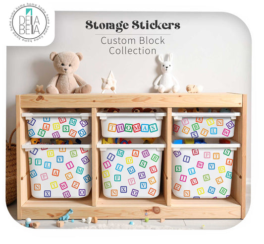 IKEA Trofast wooden storage unit with personalised Thomas name alphabet block stickers by Della Bella UK