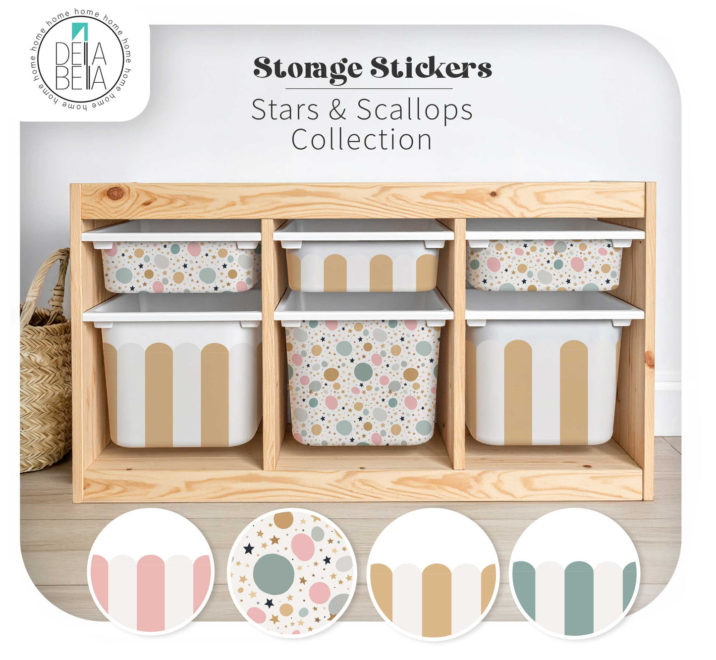 ikea hack sticker Storage bins with decorative stickers on a wooden shelf, featuring the Delia Bella brand.
