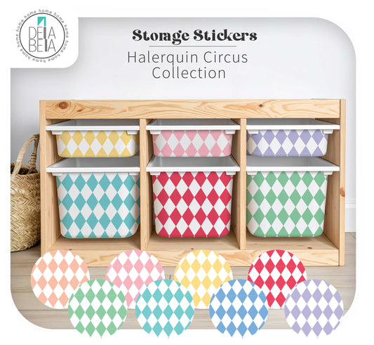 IKEA Trofast unit makeover using Della Bella Circus Collection vinyl wraps for nursery organization.