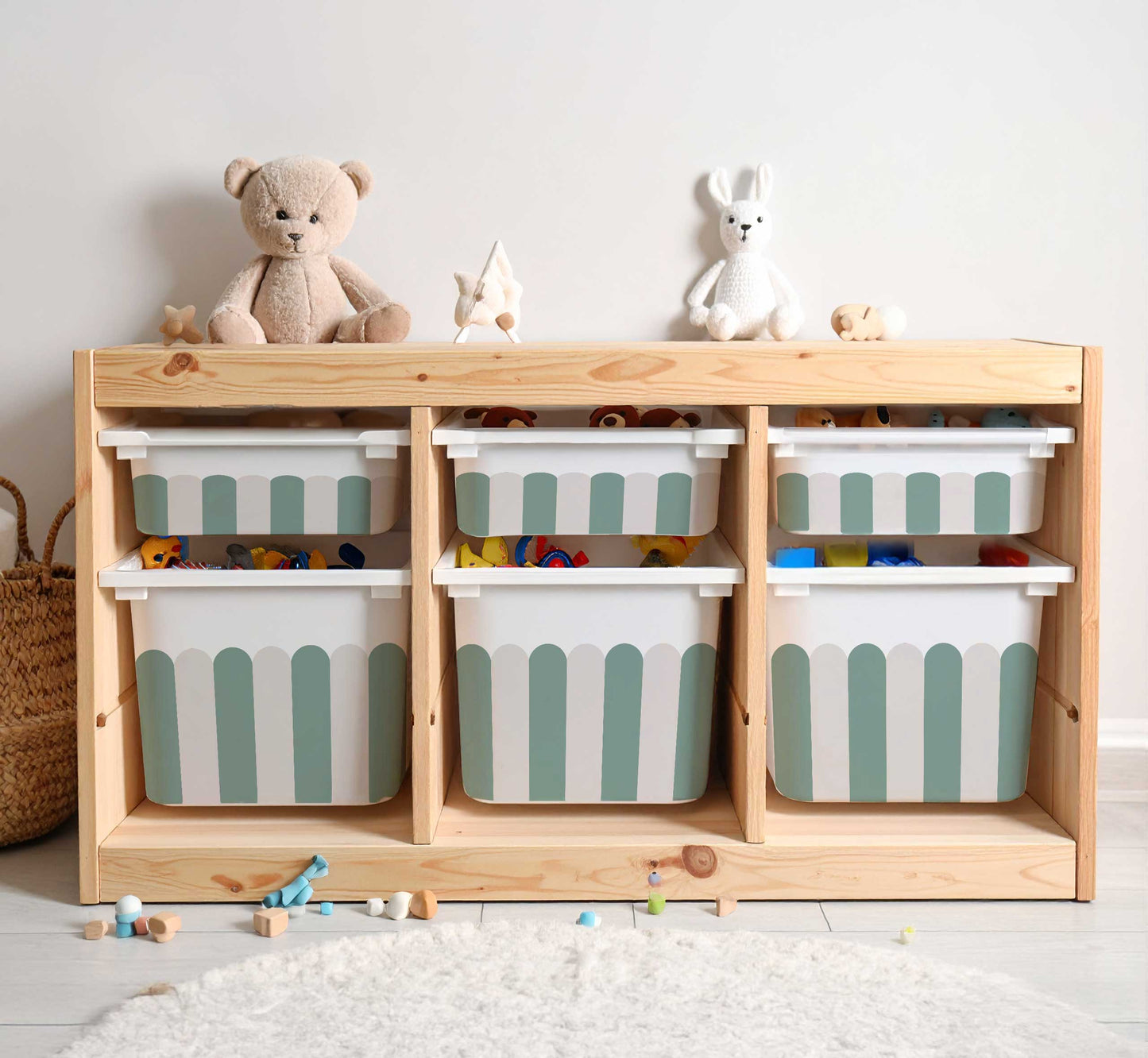 Scallop Edge Storage Box Stickers (Fits IKEA® Trofast) | Nursery Decals - Set of 6 Vinyl Decals for Nursery Storage Bins - Blush, Teal & Camel - IKEA Hack UK