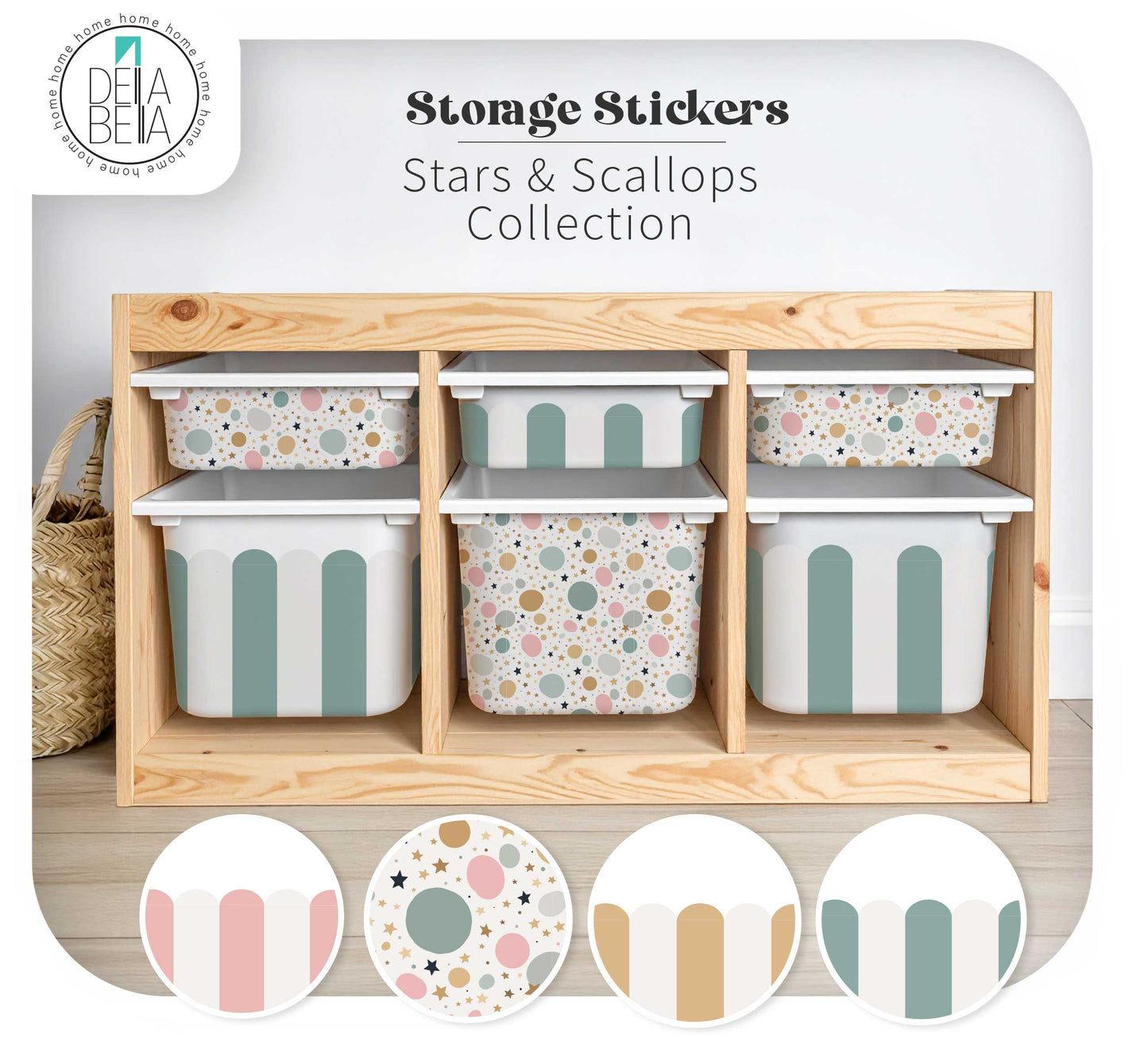 stickers for ikea Trofast Storage bins with patterned lids in a wooden organizer, featuring the Delia Bella brand.
