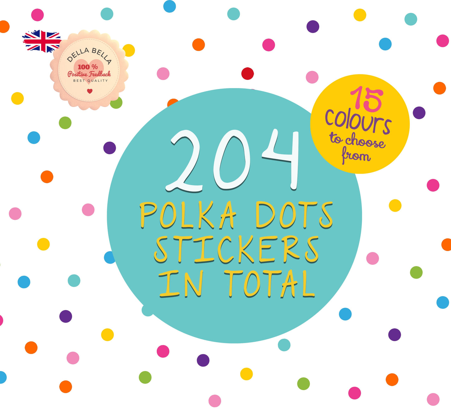 Polka Dot Wall Sticker 204x Set Circles Dots 3cm in 15 Different Colours Perfect for Playroom, Nursery Decor and Crafts