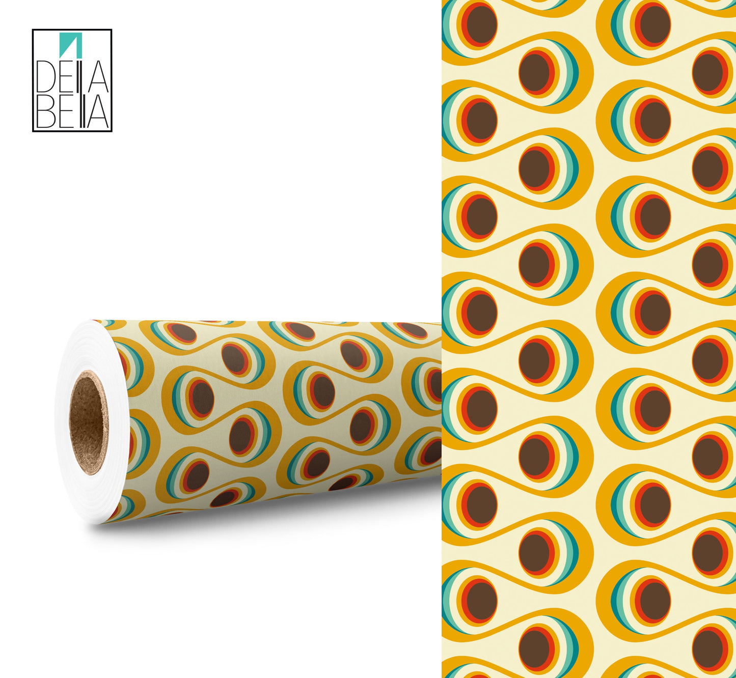 A roll of vinyl wrap with a retro eye pattern, featuring geometric shapes in yellow, black, and white colors.