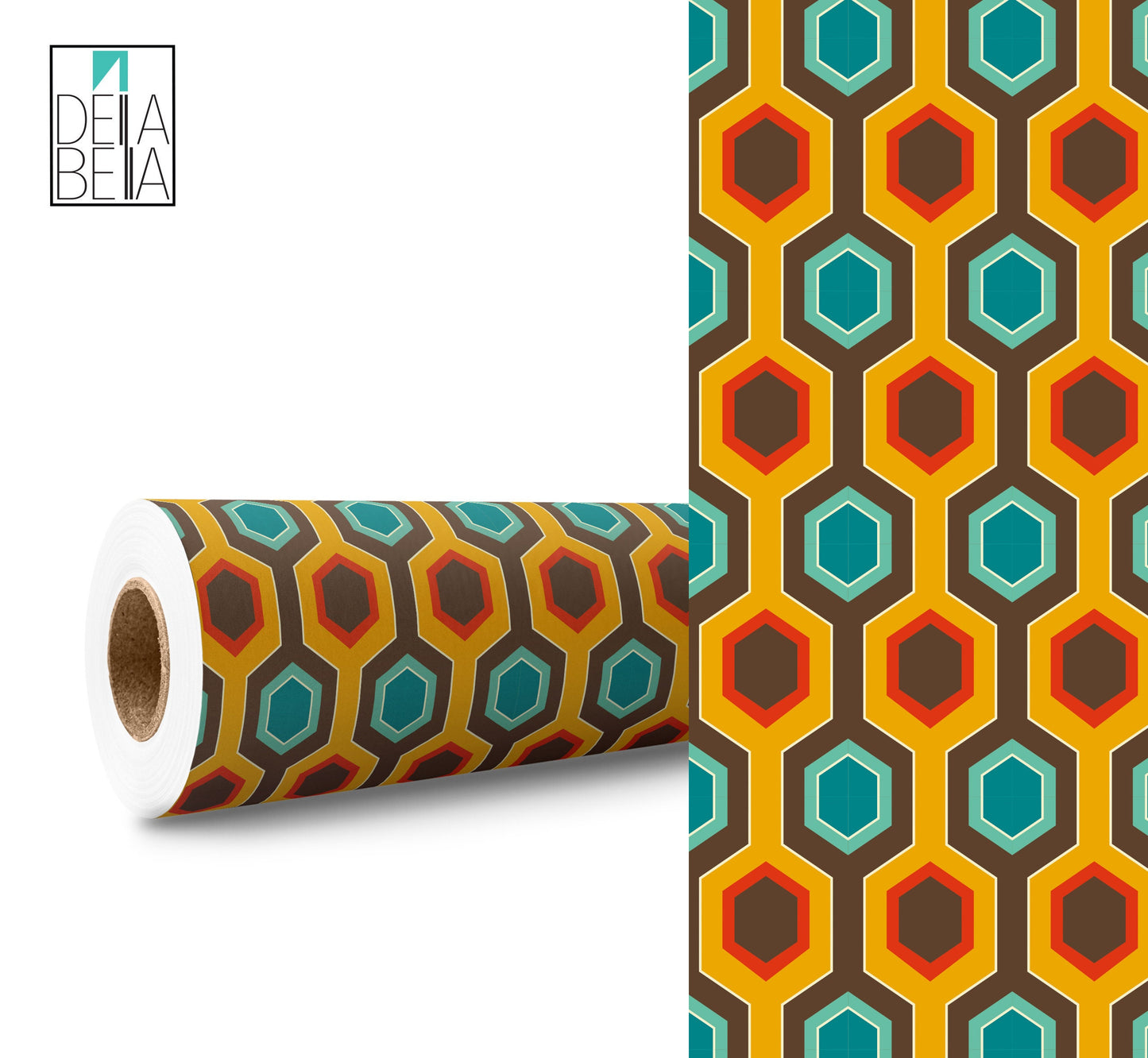 A roll of vinyl wrap featuring a geometric pattern with hexagons in orange, yellow, and blue shades on a white background.