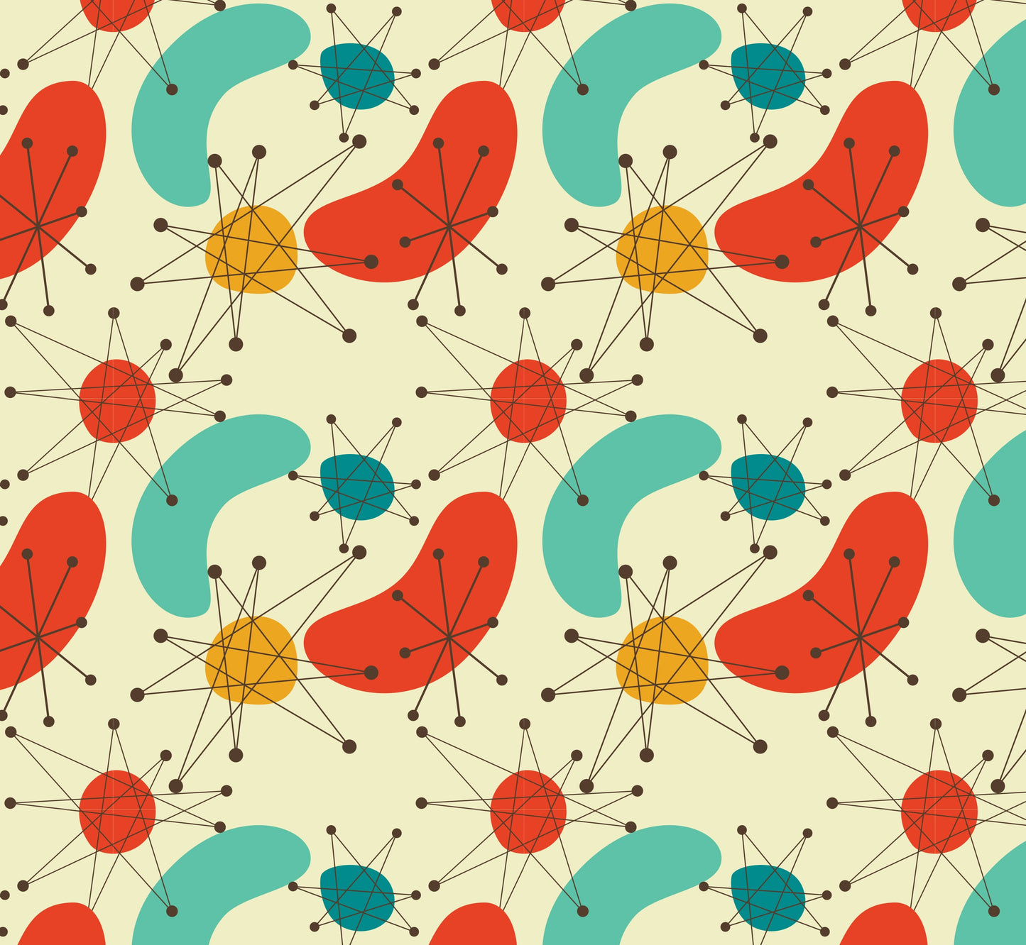 A colorful vinyl wrapping featuring a mid-century modern geometric pattern with stars and bubbles on a beige background.