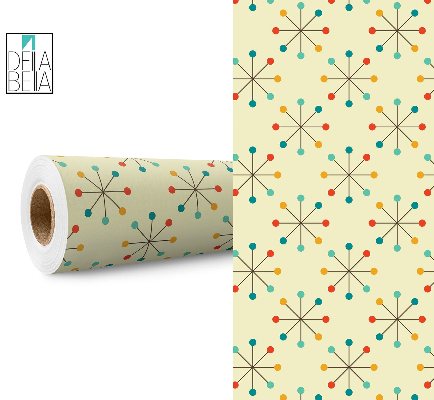 A roll of vinyl wrap with a mid-century geometric pattern featuring multicolored stars on a beige background, branded by Della Bella.