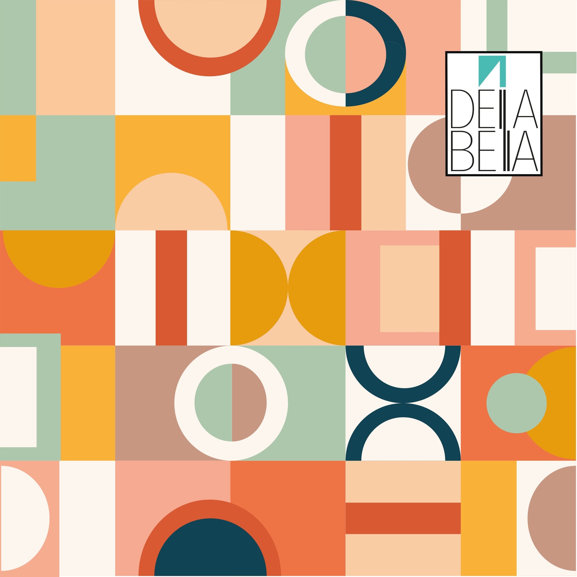 A geometric patterned vinyl wrap featuring terracotta colors with various shapes including circles and squares, branded with 'Della Bella'.