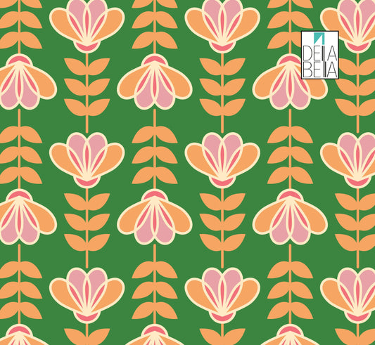 A vinyl wrap featuring a vintage retro floral pattern in colors green, pink, and orange for furniture or home decor.