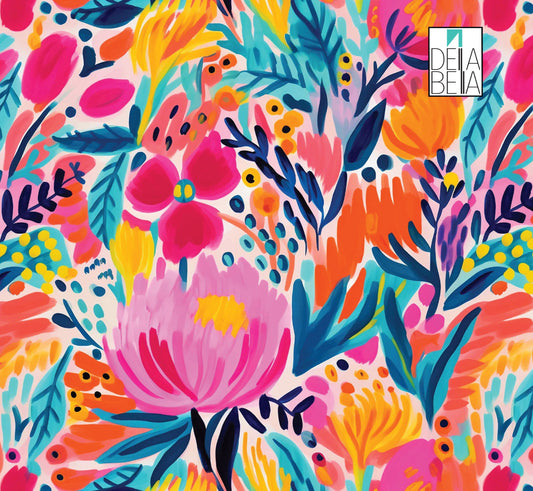 A colorful floral maximalist design vinyl wrap for furniture, featuring a variety of bold flowers and foliage.