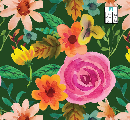 A floral patterned furniture sticker with a variety of colorful flowers on a green background.