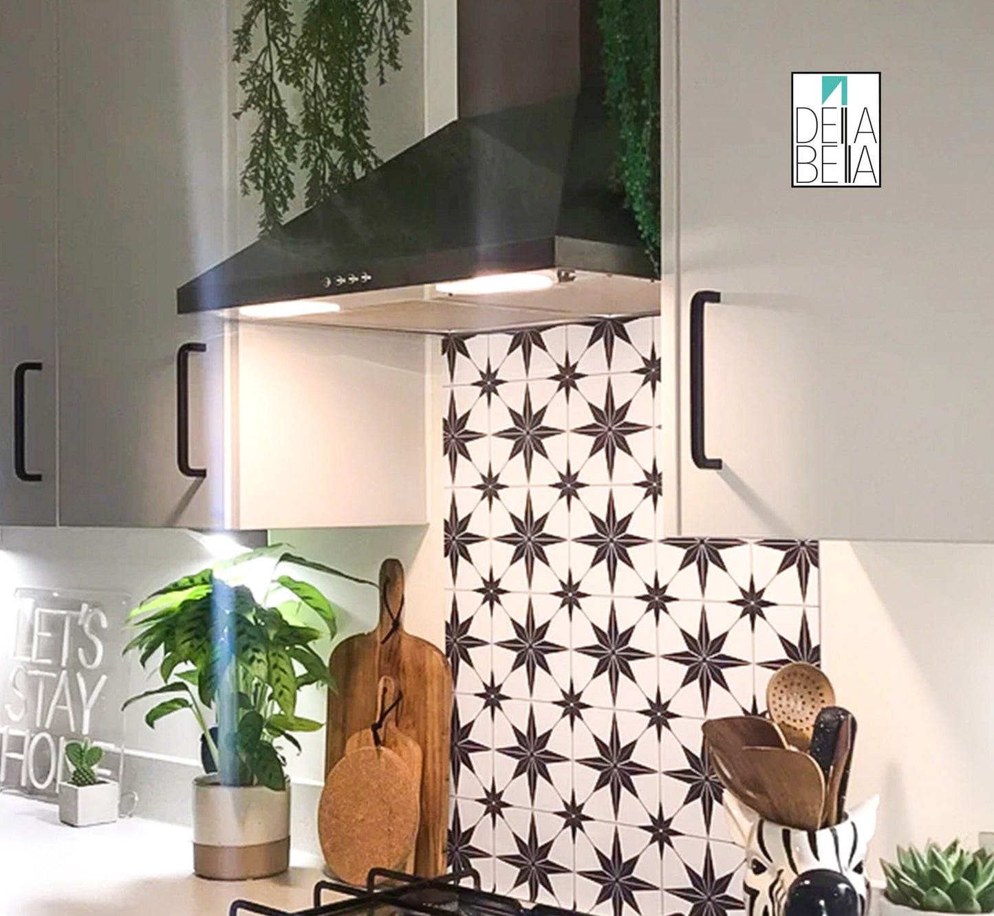 Tiles Vinyl Wrap Furniture Fridge, Star Geometric, Kitchen Cabinets Abstract Wrapping for Furniture Home Decor, Upcycling, Mid,Peel&Stick