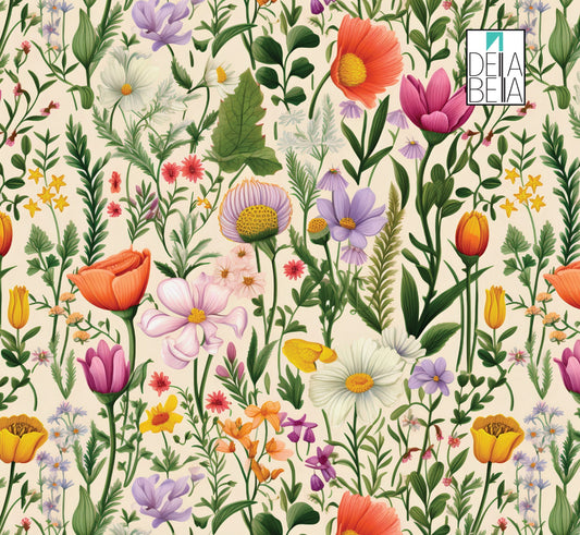 A vinyl wrap featuring a floral pattern with a variety of colorful flowers and green foliage, designed for use on furniture surfaces.
