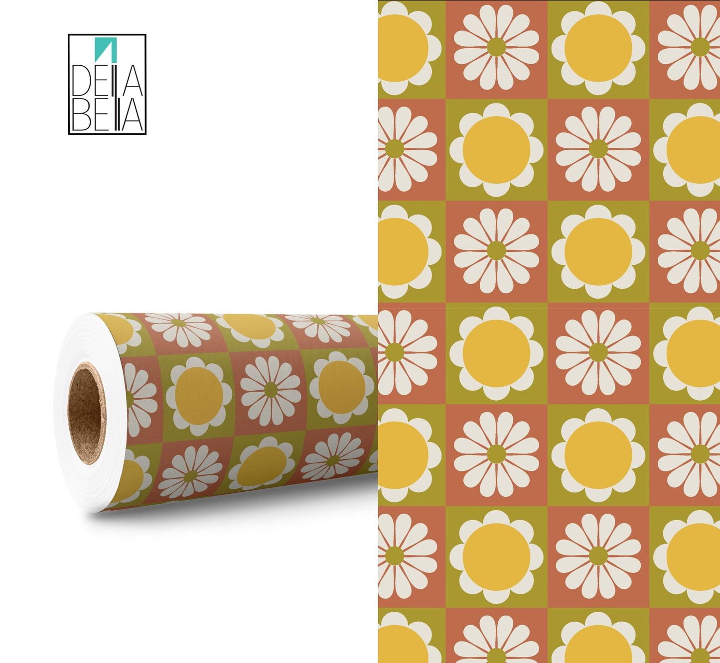 A roll of vinyl wrap with a retro daisy pattern, alongside a section unrolled to show the design. The pattern features yellow and white flowers on a green background.