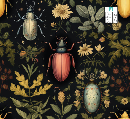 A self-adhesive vinyl sheet with a maximalist design featuring various colorful beetles among flowers and foliage on a black background.