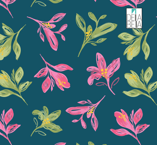 A vinyl wrapping with a floral pattern featuring pink and green colors on a dark background, displaying the brand logo 'DELLA BELLA'.