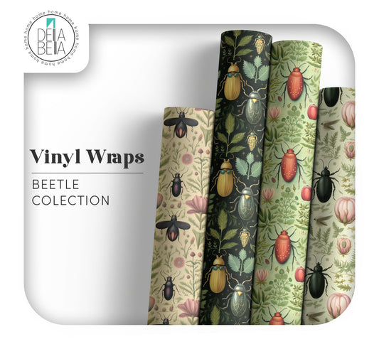 A collection of vinyl wraps featuring various beetle designs and patterns, intended for use on furniture.