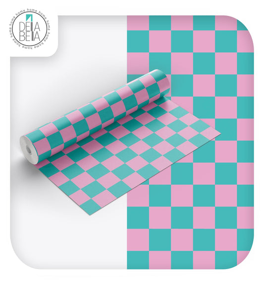Sticky Back Plastic - Aqua & Green Checkered Vinyl Wrap for Furniture