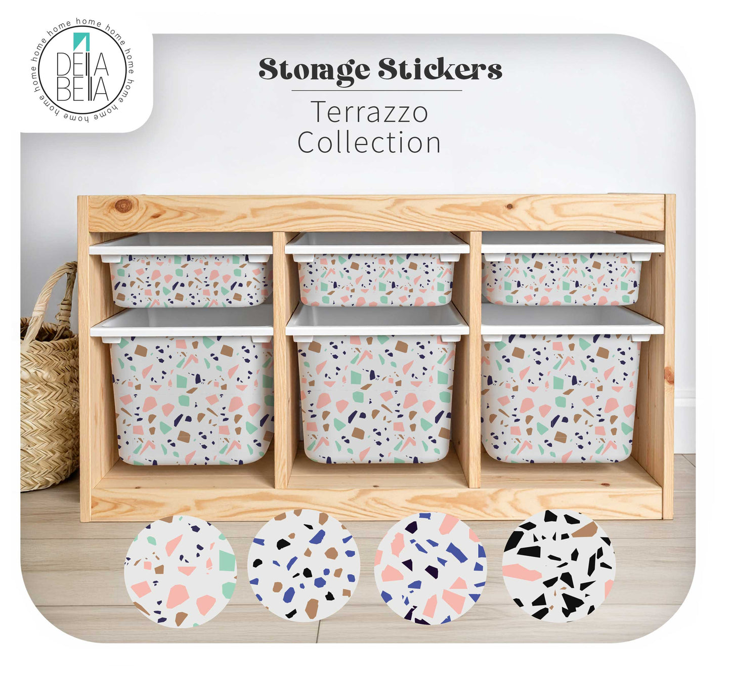 Storage stickers with terrazzo pattern on a ikea hack trofast unit against a white background.