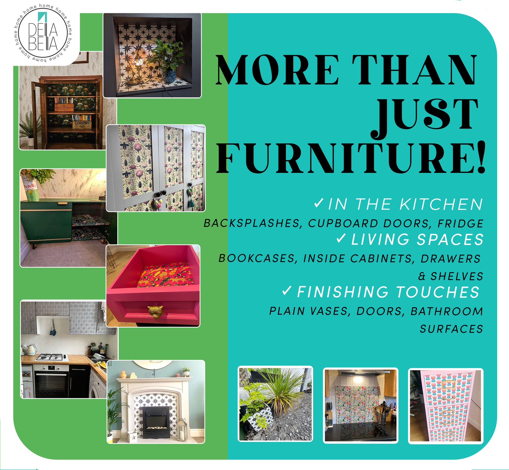 Promotional graphic for 'More Than Just Furniture!' with images of furniture and text on a green and teal background.