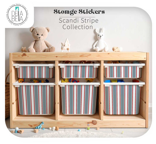 A trofast ikea storage organizer with six striped fabric bins, styled with toys and stuffed animals on top, with text reading 'Storage Stickers Scandi Stripe Collection' and a Della Bella logo in the top left.